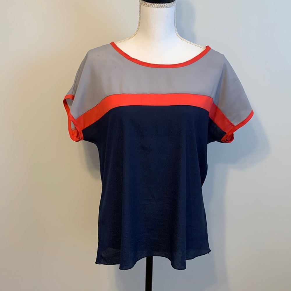 Tops: Flats & Heels, color block, Navy, Grey & Orange, Large